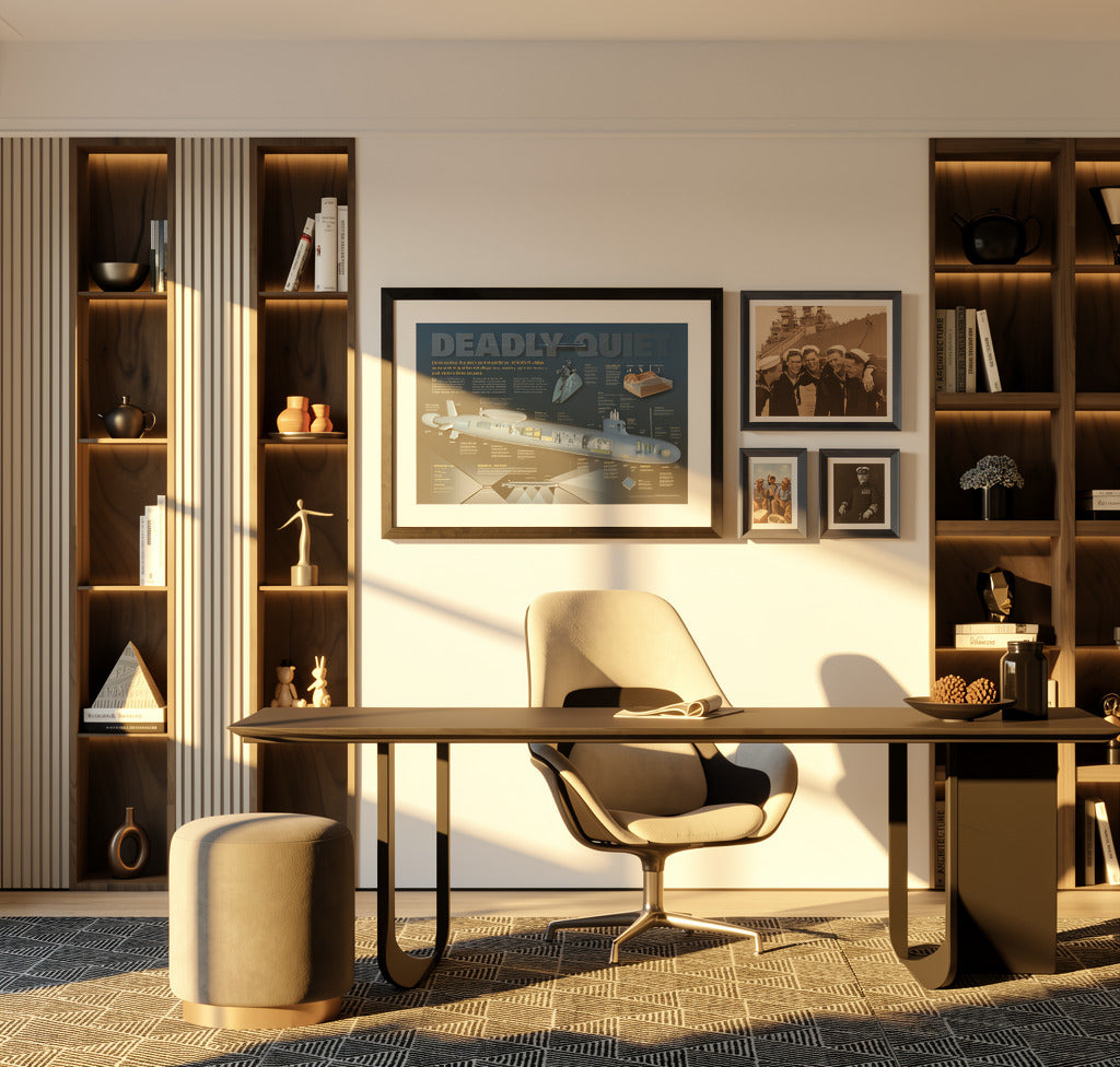 Modern office setup with a desk, chair, and bookshelves.