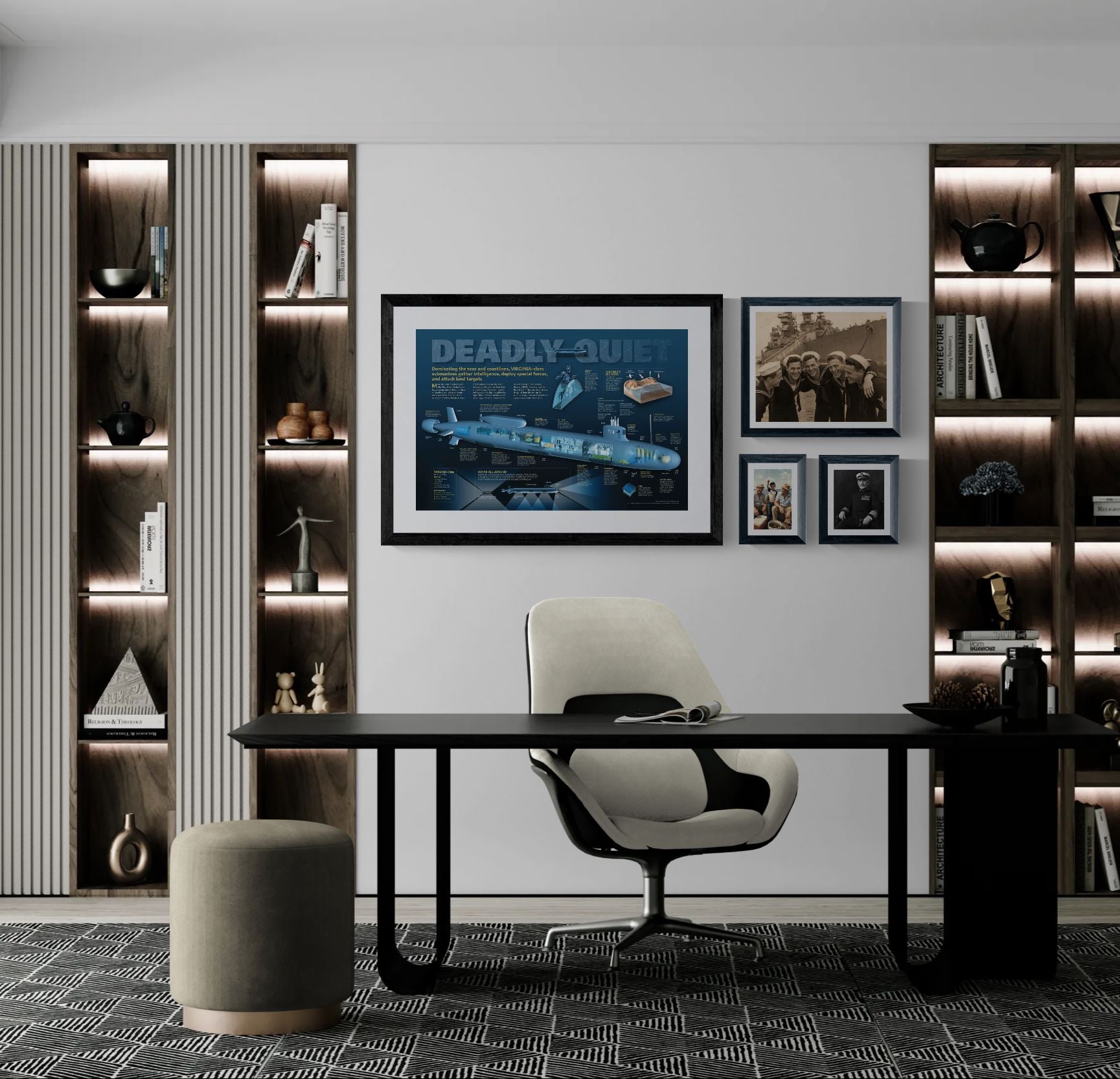 Modern office interior with a desk, chair, and wall decorations.