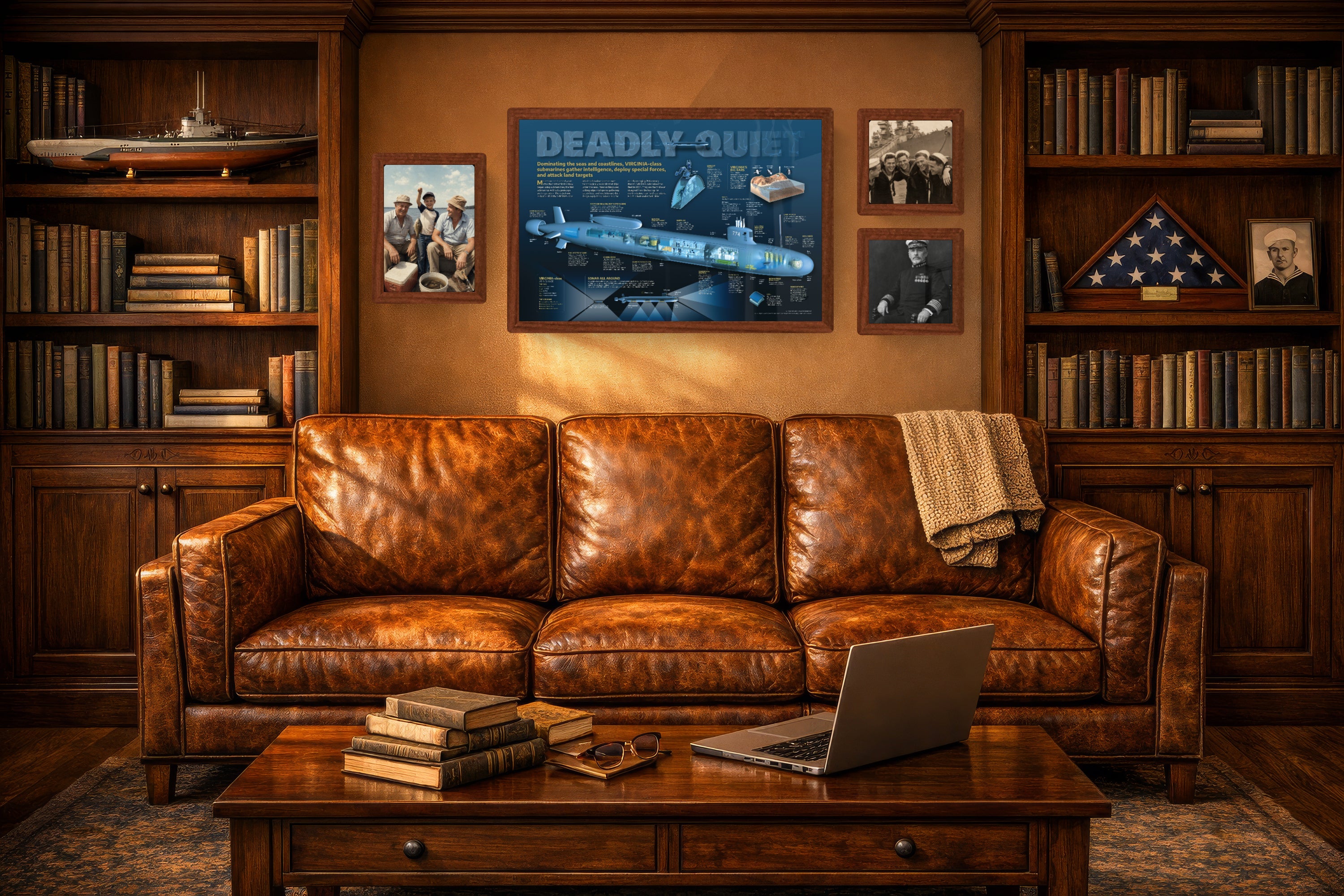Brown leather sofa in a room with bookshelves, a laptop, and books on a wooden table.