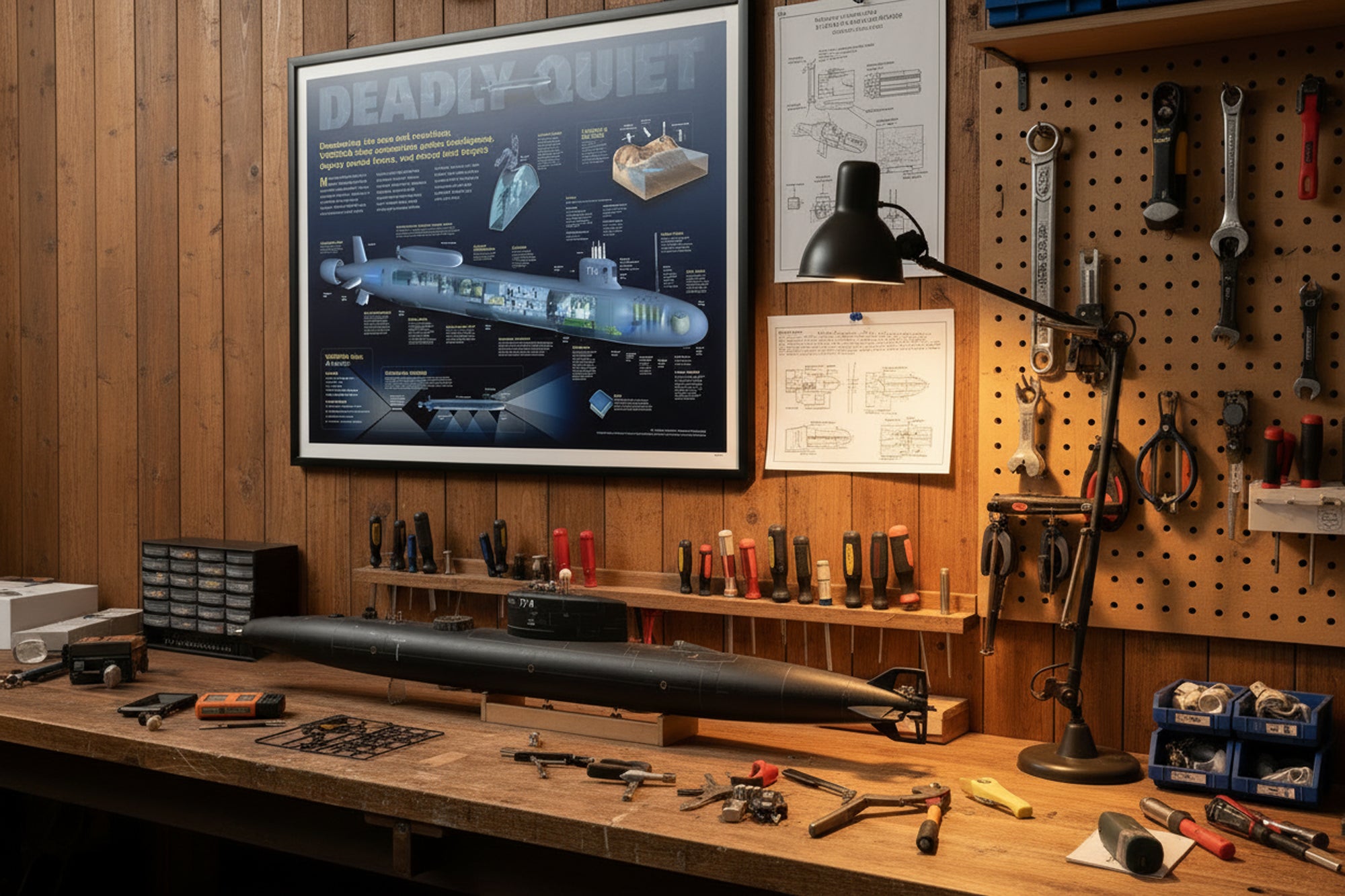 Workshop with tools, a large black torpedo model, and a framed diagram on a wooden wall.