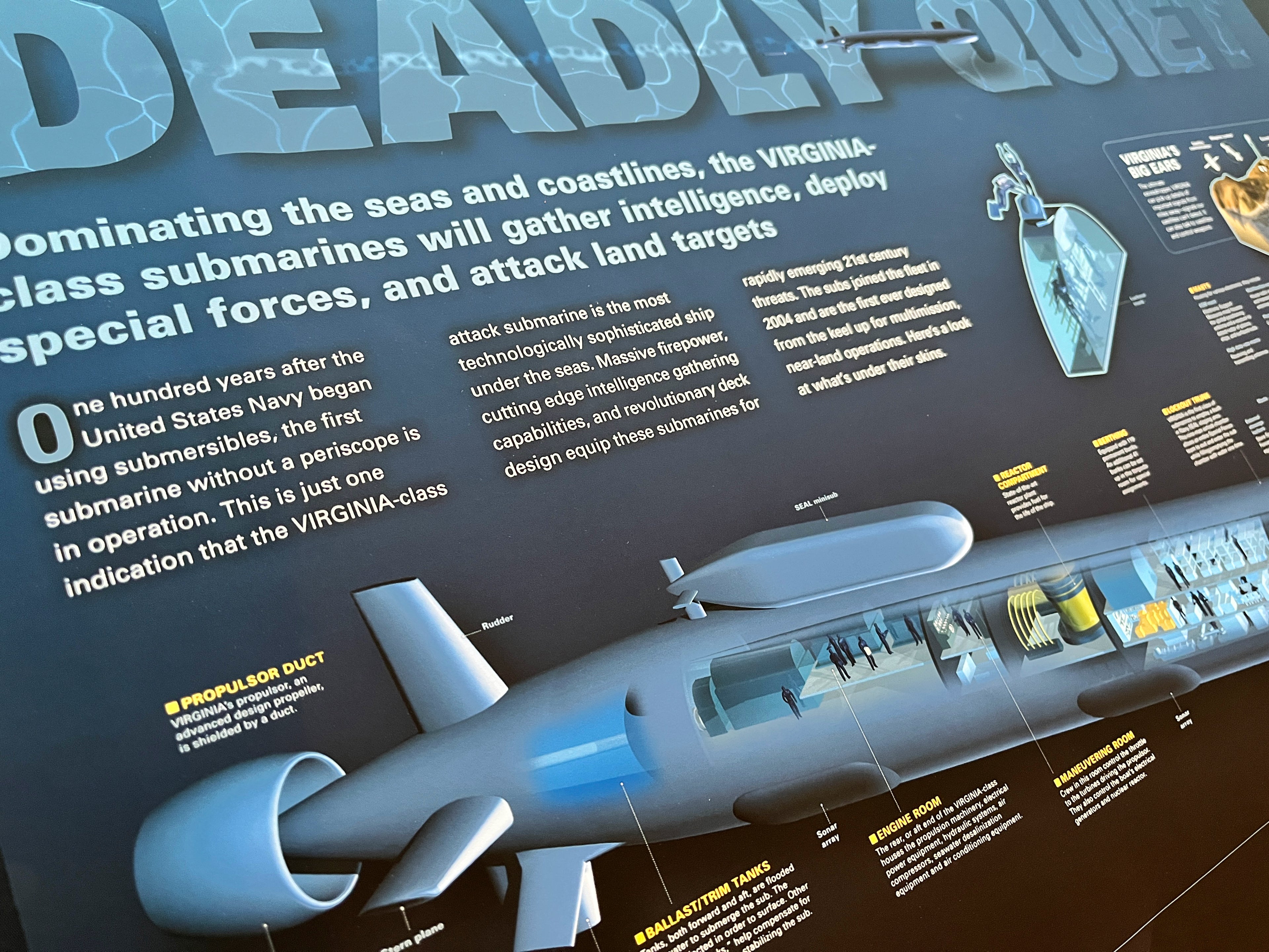 Diagram of a submarine with text about Virginia-class submarines on a dark background