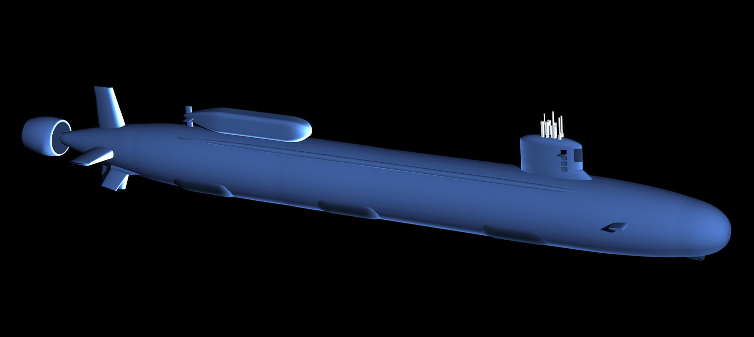 A 3D digital model of the Virginia-class submarine shown in profile against a solid black background.