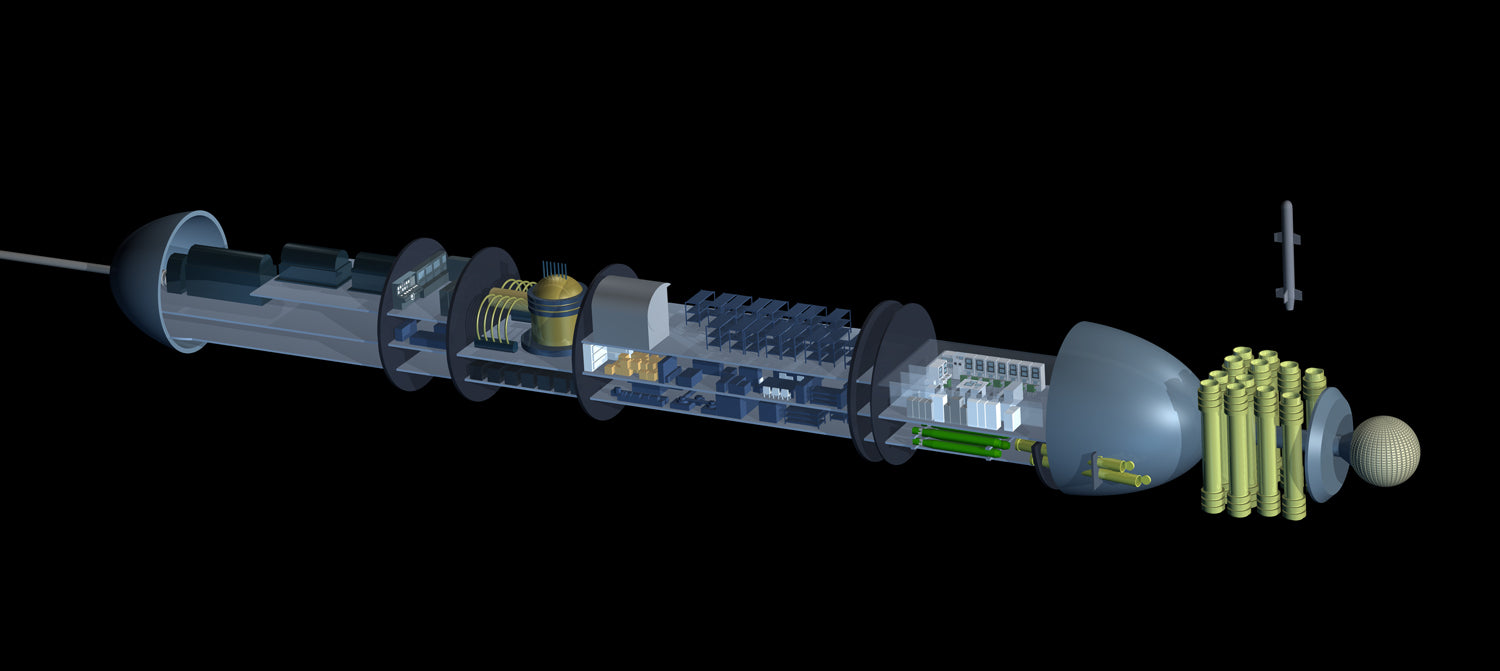A 3D cutaway rendering of the VIRGINA-Class interior on a solid black background, showing internal parts and rooms, including the torpedo tubes and sonar dome.